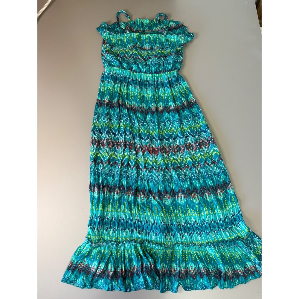 Lily Rose Women Teal Geometric Chevron Print Ruffle Maxi Dress Size 14 Boho